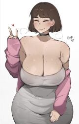 bobtheneet cute dress earrings fupa kim_sohee_(almualim) milf peace_sign sweat sweater sweating tagme