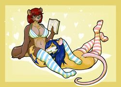 anthro becca_idaho book bottomless bra clothed clothing danji-isthmus duo evian_(character) female female/female legwear lutrine mammal murid murine mustelid rat rodent stockings tattoo topless topless_female underwear