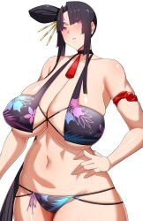 1girls arind_yudha big_breasts bikini black_hair blush breasts busty cleavage eyepatch_bikini fate/grand_order fate_(series) female hand_on_hip hi_res huge_breasts light-skinned_female light_skin long_hair looking_at_viewer multicolored_eyes navel solo taira_no_kagekiyo_(fate) thick_thighs tied_hair