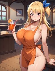 1girls ai_generated apron big_breasts blonde_hair breasts fairy_tail jinzo1993 long_hair looking_at_viewer lucy_heartfilia no_bra no_panties solo thick_thighs thighs