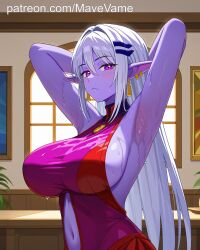 ai_generated armpits blush earrings elf elf_ears hands_behind_head long_ears manaworld purple_eyes purple_skin slender_body sweat syx white_hair