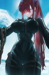 big_breasts female female_only limbus_company long_hair ponytail project_moon red_hair rubber_suit seaside standing tagme two_strongtiger wetsuit yuri_(limbus_company)