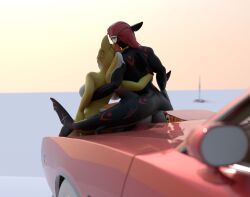 3d abel_(haolde) anthro ass beach blender_(artwork) breasts canid canine canis car digital_media_(artwork) duo female female/female fish haolde haolde_(character) hi_res hug mammal marine nude shark vehicle wolf