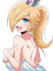 1girls blue_eyes covering_breasts earrings embarrassed female female_only hair_over_one_eye light-skinned_female light_skin mario_(series) nintendo open_mouth platinum_blonde_hair ponytail princess_rosalina sideboob solo star_earrings tagme tied_hair yassrosalina