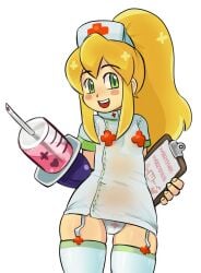 1girls blonde_hair cameltoe capcom drawfag female female_focus flat_chest green_eyes happy hat injection long_hair looking_at_viewer mega_man mega_man(classic) nurse nurse_cap nurse_uniform open_mouth panties ponytail revealing_clothes roll simple_background skindentation stockings syringe thighhighs thighs thin_clothing tied_hair translucent translucent_clothing transparent_clothing underwear white_background