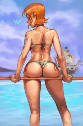 1girls ass beach big_ass bikini bubble_butt female female_only looking_back nami one_piece red_hair short_hair solo standing striped_bikini thick_thighs yum!