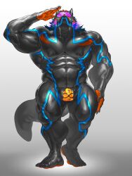 abs anthro biceps big_muscles bodily_fluids bulge canid canine canis drooling front_view gas_mask gesture hi_res hypnosis hypnotic_visor lock_bulge lock_symbol luke_c419 male male_only mammal mask mind_control muscular nipples nose_tube pecs quads saliva salute simple_background solo standing wolf