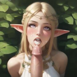 after_fellatio ahe_gao ai_generated bare_shoulders blonde_hair blue_eyes blush clothed clothing cum cum_in_mouth cum_on_face cum_on_tongue dress elf elf_ears elf_female heart-shaped_pupils long_hair nai_diffusion open_mouth original original_character outdoors pointy_ears pujopg rolling_eyes sidelocks