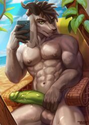 1boy 5_fingers abs anthro balls beach bodily_fluids bovid caprine cellphone day detailed_background digital_media_(artwork) eyebrow_piercing facial_piercing fingers floppy_(quinndoesstuff) genitals goat green_penis gui44 hi_res horn humanoid_genitalia humanoid_penis male male_only mammal muscular muscular_anthro muscular_male navel nipple_piercing nipples nose_piercing nude outside pecs penis phone piercing poofroom septum_piercing shaded sitting sky smartphone solo sweat water