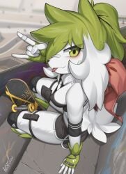 2d anthro anthro_only bandaid breasts breasts_out cleavage_window detailed_background female female_anthro female_focus female_only fingerless_gloves furry green_eyes green_hair humanized knee_pads legendary_pokemon looking_at_viewer multicolored_body nintendo nipples pink_nipples pokemon pokemon_(species) pokemon_only shaymin shaymin_(sky_form) sitting skateboard skater tail tongue tongue_out zinfyu