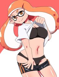 ass black_bra black_panties black_shorts bra breasts chicken-rib chicken_rib cleavage clothes_lift clothes_pull female inkling inkling_girl inkling_player_character kaori_(splatoon) lifting_own_clothes long_hair looking_at_viewer navel nintendo orange_eyes orange_hair panties pointy_ears pulling_own_clothes shirt shirt_lift shorts shorts_pull solo splatoon splatoon_(series) tentacle tentacle_hair underwear undressing white_shirt