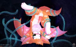 balls bat bat_wings blush bodily_fluids cum cum_inside cum_on_body dust:_an_elysian_tail feral fidget_(elysian_tail) genital_fluids genitals grass hi_res male mammal membrane_(anatomy) membranous_wings nimbat open_mouth penetration penis plant senz solo tail tentacle tentacle_penetration text upside-down wings