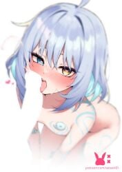 1boy ahoge android android_girl blue_eyes blue_hair blush cum cumshot ejaculation facial fellatio female heart heart-shaped_pupils heterochromia highres indie_virtual_youtuber licking licking_penis light_blue_hair looking_at_viewer medium_hair oral paid_reward_available penis sayu_sincronisity sayu_sincronisity_(1st_costume) seion short_hair small_breasts symbol-shaped_pupils tattoo tongue tongue_out virtual_youtuber yellow_eyes