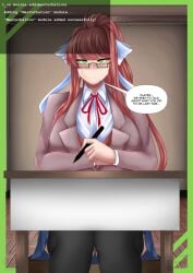 controlled doki_doki_literature_club genokuno glasses green_eyes masturbation mind_control monika_(doki_doki_literature_club) reality_warping school_uniform