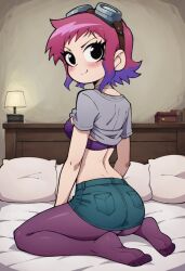 ai_generated ass boots bra clothed clothing feet female foot_fetish goggles_on_head jean_skirt pantyhose pink_hair purple_legwear ramona_flowers scott_pilgrim scott_pilgrim_takes_off shirt shirt_lift skirt