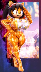 3d anthro black_hair blender buttons feline female female_only gold_(metal) headband honey_the_cat hourglass_figure huge_ass huge_breasts latex latex_suit latex_uniform meat_corps military palisal pose poster red_eyes salute solo sonic_(series) thick_thighs wasp_waist