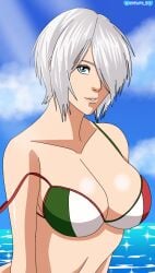 1girls angel_(kof) blue_eyes bra breasts cleavage darkuro_27 female flag_bikini flag_print hair_covering_eye king_of_fighters ocean seaside snk solo swimsuit swimwear white_hair