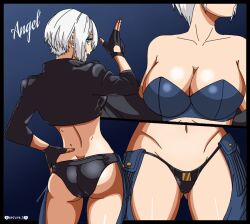 1girls angel_(kof) ass ass_visible_through_thighs assless_chaps big_breasts blue_eyes breasts butt_focus cleavage darkuro_27 female hand_on_hip king_of_fighters looking_at_viewer looking_back multiple_views navel short_hair solo white_hair