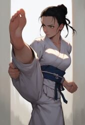 1girls ai_generated barefoot black_hair cache clothed female foot_fetish foot_focus green_eyes kick kicking martial_arts martial_arts_uniform medium_breasts original_character soles solo stretching threadweaver