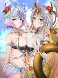 2girls absurdres alternate_costume asymmetrical_docking beach bikini black_bikini black_swimsuit breast_press breasts cleavage colored_skin fire_emblem fire_emblem_heroes flower grey_skin gullveig_(fire_emblem) gullveig_(summer)_(fire_emblem) hair_flower hair_ornament highres holding holding_swim_ring horns innertube large_breasts long_hair medium_breasts multicolored_hair multiple_girls nenemu0 nintendo ocean outdoors sarong see-through seidr_(fire_emblem) seidr_(summer)_(fire_emblem) short_hair single_horn swim_ring swimsuit white_bikini white_swimsuit yellow_eyes yellow_sarong