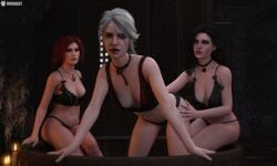 3d 3girls ass_grab bath bathing black_hair bra breasts ciri green_eyes lingerie missally multiple_girls panties purple_eyes red_hair scar the_witcher_(series) the_witcher_3:_wild_hunt triss_merigold underwear white_hair yennefer