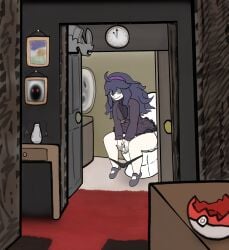 clock female hex_maniac pokeball pokemon pokemon_xy purple_hair tan_skin toilet toilet_use