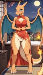 1girls 2024 ai_generated anthro ass_visible_through_thighs blue_eyes blushing blushing_at_viewer bottomless bottomless_female breasts charizard chinese_clothes chinese_dress cleavage curvy_female curvy_figure digitigrade female female_focus fire floating_fire generation_1_pokemon hi_res horns innie_pussy looking_at_viewer moon moonlight night night_sky nintendo orange_body outdoors plump_labia pokemon pokemon_(species) pussy red_clothing shy smile thick_thighs wings