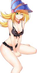 1girls black_bra black_lingerie black_panties blonde_hair bra breasts dark_magician_girl dual_monsters green_eyes large_breasts lingerie long_hair looking_at_viewer midriff navel necklace panties seiza wizard wizard_hat yaminokonjiki1 yu-gi-oh!