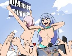 2girls areolae bikini bikini_bottom bikini_bottom_only bikini_top_lift bikini_top_pull bikini_top_removed blue_hair blue_hair_female bouncing_breasts breasts breasts_out crowd exhibitionism exposed_breasts female_focus flashing flashing_breasts fuwa_mawata hadou_nejire long_hair mawata_fuwa medium_breasts multiple_boys my_hero_academia nejire_hado nipples pink_hair pink_hair_female public public_nudity recording recording_on_phone showing_breasts showing_off stripping swimsuit topless topless_female tropic_turtle undressing very_long_hair