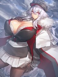 azur_lane breasts brown_gloves brown_legwear cleavage cloud cloudy_sky cowboy_shot dutch_angle eyebrows_visible_through_hair female fur-trimmed_jacket fur_trim gigantic_breasts gloves graf_zeppelin_(azur_lane) hand_on_own_chest hat highres jacket jacket_on_shoulders long_hair long_sleeves looking_at_viewer melon22 military_hat miniskirt pantyhose parted_lips peaked_cap pleated_skirt purple_eyes skirt sky solo standing white_hair