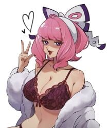 bra exposed_bra fur_coat game_freak heart klara_(pokemon) lingerie n_fns17 nintendo peace_sign pink_hair pokemon pokemon_ss purple_eyes seductive v white_background