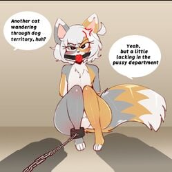 anthro arcanis_(hahaluckyme) ball_gag balls bound chains dialogue domestic_cat english_text felid feline felis feminization gag gagged genitals girly hi_res lewnoli male male_only malesub mammal sissification solo text