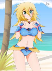 1girls beach bikini blonde_hair blue_bikini blue_swimsuit breasts clouds dark_magician_girl dual_monsters female green_eyes long_hair looking_at_viewer medium_breasts midriff navel necklace ocean outside palm_tree sky swimsuit tobyz12 water wrist_braces yu-gi-oh!