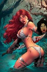 bikini_armor blood blood_on_face dc dc_comics decapitation dynamite_comics lady_shiva red_hair red_sonja sandra_wu-san sword