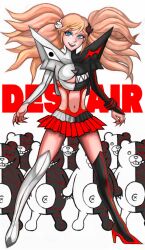 1girls blonde_hair blue_eyes breasts cosplay crop_top danganronpa fazebutler headgear high_heel_boots high_heels junko_enoshima kill_la_kill large_breasts looking_at_viewer matoi_ryuuko matoi_ryuuko_(cosplay) midriff monokuma multicolored_crop_top navel painted_fingernails red_skirt shoulder_spikes skirt suspenders thighhigh_boots twintails