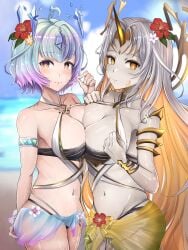 2girls absurdres alternate_costume asymmetrical_docking beach bikini black_bikini black_swimsuit breast_press breasts cleavage colored_skin fire_emblem fire_emblem_heroes flower grey_skin gullveig_(fire_emblem) gullveig_(summer)_(fire_emblem) hair_flower hair_ornament highres horns large_breasts long_hair medium_breasts multicolored_hair multiple_girls nenemu0 nintendo ocean outdoors sarong see-through seidr_(fire_emblem) seidr_(summer)_(fire_emblem) short_hair single_horn swimsuit white_bikini white_swimsuit yellow_eyes yellow_sarong