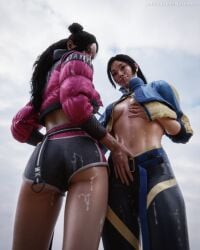 3d ass big_ass big_breasts breasts breasts_out clothed cum cum_on_clothes earthrealm_kitana earthrealm_mileena erotic_costume kitana kiteena looking_at_viewer low-angle_view mileena mortal_kombat mortal_kombat_1_(2023) no_bra nyxenartz self_upload smile smiling smiling_at_viewer tits_out