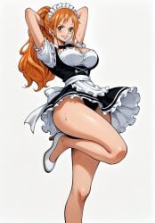 ai_generated alluring arms_behind_head arms_up big_breasts blush blushing_female breasts color colored earring earrings female female_only high_heels highres long_hair looking_at_viewer maid maid_headdress maid_outfit maid_uniform nami nami_(one_piece) one_leg_up one_piece orange_hair ponytail post-timeskip seducing seduction seductive seductive_body seductive_eyes seductive_gaze seductive_look seductive_mouth seductive_pose seductive_smile shiny_hair shiny_skin sweat sweatdrop sweating sweaty sweaty_body tagme thick_thighs voluptuous voluptuous_female yashin