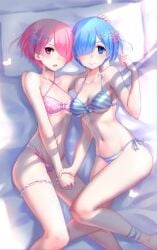 2girls bikini blue_eyes blue_hair multiple_girls pink_eyes pink_hair ram_(re:zero) re:zero_kara_hajimeru_isekai_seikatsu rem_(re:zero) siblings sisters teenage_girl teenager twins