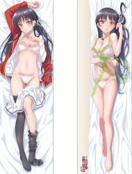 bare_arms bare_belly bare_legs bare_shoulders bare_thighs barefoot bed_sheet belly_button black_hair black_thighhighs blush bra breasts classroom_of_the_elite cleavage collarbone dakimakura dakimakura_design feet horikita_suzune long_hair lying medium_breasts nightgown official_art open_jacket open_mouth panties red_eyes school_uniform single_thighhigh skirt_down strap_slip thighhighs thighs toes underwear underwear_only white_bra white_panties white_underwear