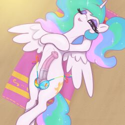 absurd_res alicorn equid equine friendship_is_magic futanari genitals hair hasbro hi_res horn horse mammal multicolored_hair my_little_pony mythological_creature mythological_equine mythology one_eye_closed penis pony princess_celestia_(mlp) solo t72b tongue tongue_out white_body wings