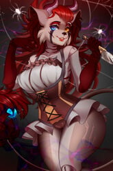 2021 5_fingers anthro breasts digital_media_(artwork) eyebrows eyelashes female fingers hair heterochromia hi_res horn inner_ear_fluff nitricacid red_hair smile solo tuft weapon