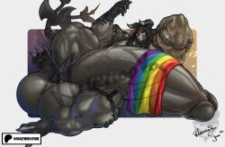 bodybuilder daemontor furry hyper hyper_balls hyper_cock hyper_genitalia hyper_penis hyper_testicles male male_only muscles muscular muscular_arms muscular_male muscular_thighs perverteddaemon pride_color_flag pride_colors