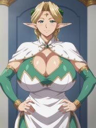 ai_generated blonde_hair cleavage cowboy_shot dress earrings ephildis_agraliel female green_eyes hands_on_own_hips huge_breasts indoors kageno kyonyuu_elf_oyako_saimin looking_at_viewer mature_female pointy_ears smile solo tagme