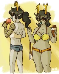 2girls alien aranea_serket beach bikini black_hair color colored colored_skin fangs female female_only glasses grey_skin headgear headwear homestuck homestuck_troll horn horns ice_cream long_hair long_hair_female naughtyvixens prosthetic prosthetic_arm robotic_arm robotic_limb sfw shades sunglasses troll unusual_eyes vriska_serket