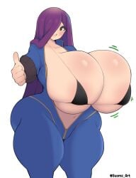 1girls bikini black_bikini fallout huge_breasts long_hair looking_at_viewer purple_hair suomii thick_thighs thumbs_up vault_suit