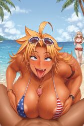 1girls ahe_gao ai_generated american_flag_bikini beach bikini blonde_hair blue_eyes dark-skinned_female energy_kyouka!! eyewear_on_head female gyaru huge_breasts human paizuri palm_tree penis shiraishi_kyouka sunglasses titjob tongue uncensored water