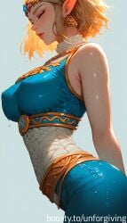 ai_generated blonde_hair blue_clothing breadts covered_nipples princess_zelda sweat sweatdrop tears_of_the_kingdom the_legend_of_zelda unforgiving water_drop wet zelda_(tears_of_the_kingdom)