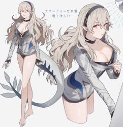 1girls ai_tkkm alternate_costume bare_legs bikini black_bikini black_choker black_hairband black_swimsuit blonde_hair breasts choker cleavage collarbone corrin_(female)_(fire_emblem) corrin_(fire_emblem) corrin_(fire_emblem)_(female) dragon_tail female female_only fire_emblem fire_emblem_fates full_body grey_hair hairband highres japanese_text large_breasts long_hair long_sleeves looking_at_viewer multiple_views nintendo parted_lips pointy_ears pulling_clothing pulling_own_clothes red_eyes shower shower_head showering simple_background smile solo standing swimsuit tail text translation_request very_long_hair white_background