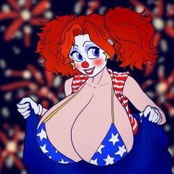 1girls american_flag_bikini big_breasts breasts bust busty chest clown clown_girl clown_makeup clown_nose curvaceous curvy curvy_figure digital_media_(artwork) facepaint female female_focus hips hourglass_figure huge_breasts jon_freeman large_breasts legs light-skinned_female light_skin mature mature_female red_eyes slim_waist thick thick_hips thick_legs thick_thighs thighs twintails voluptuous waist wide_hips